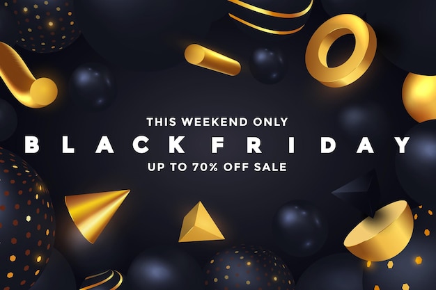 Black Friday Sale-Banner-Design. Schwarzes Gummiballonzeichen und geometrische fließende 3D-goldene und schwarze Formen mit Glitzer. Werbeplakat-Vorlagendesign. Rabatt-Banner. Vektorillustration