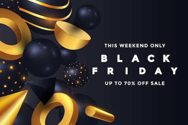 Black Friday Sale-Banner-Design. Schwarzes Gummiballonzeichen und geometrische fließende 3D-goldene und schwarze Formen mit Glitzer. Werbeplakat-Vorlagendesign. Rabatt-Banner. Vektorillustration