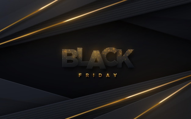 Black Friday Sale Banner Design Vektorillustration mit schwarzem Papierbuchstabenschild auf geometrischem Hintergrund mit goldenen Streifen