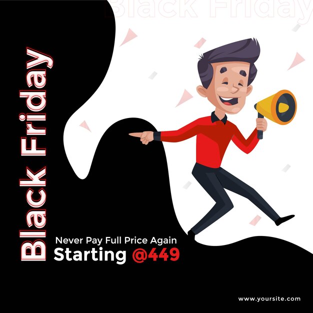 Black friday sale banner design vorlage mit boy holding megaphon