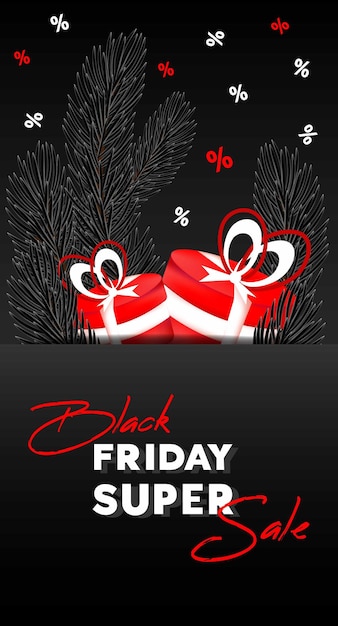 Black friday sale banner flyer text cristmas äste und rote geschenkboxen auf schwarzem hintergrund