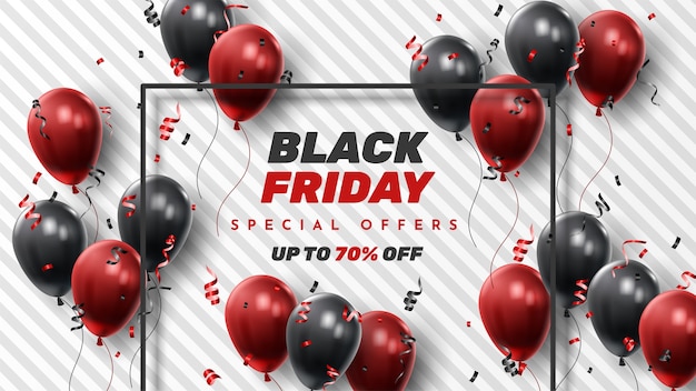 Black Friday Sale Banner mit glänzenden Luftballons.