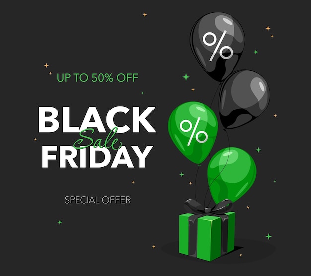 Black Friday Sale Banner mit Luftballons und Geschenkbox mit Schild im flachen Design