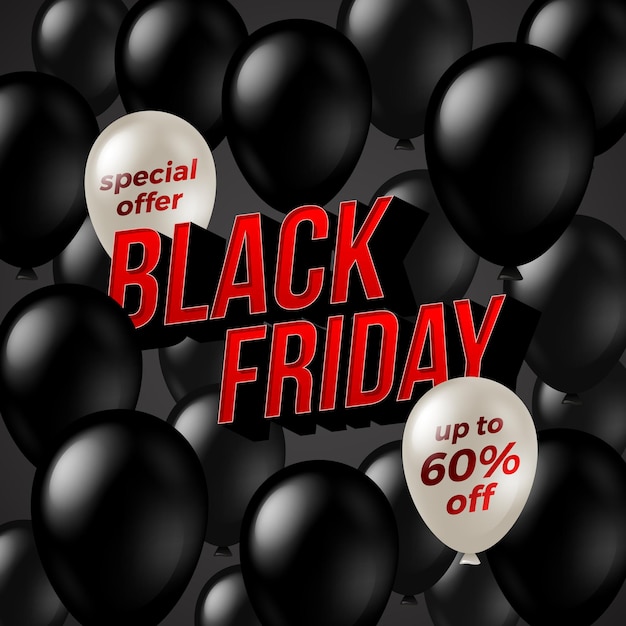 Black friday sale banner mit luftballons und roter schlagzeile.