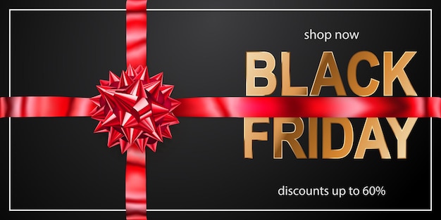 Black friday sale banner mit roter schleife und bändern auf dunklem hintergrund. vektorillustration für poster, flyer oder karten.