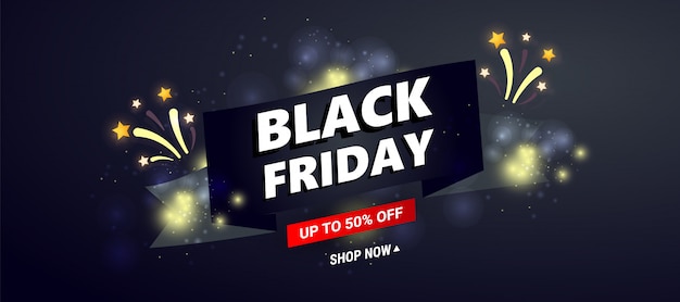 Black friday sale banner vorlage. dunkel mit schwarzem band und verkaufstext, feuerwerk, sterndekor für saisonrabattangebote.