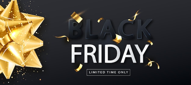 Black friday sale banner-vorlage mit goldener schleife. verkaufspromo horizontales poster. vektor-hintergrund.