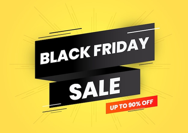 Black Friday Sale bis zu 90 Prozent Rabatt auf Webbanner mit schwarzem Band und gelbem Hintergrund