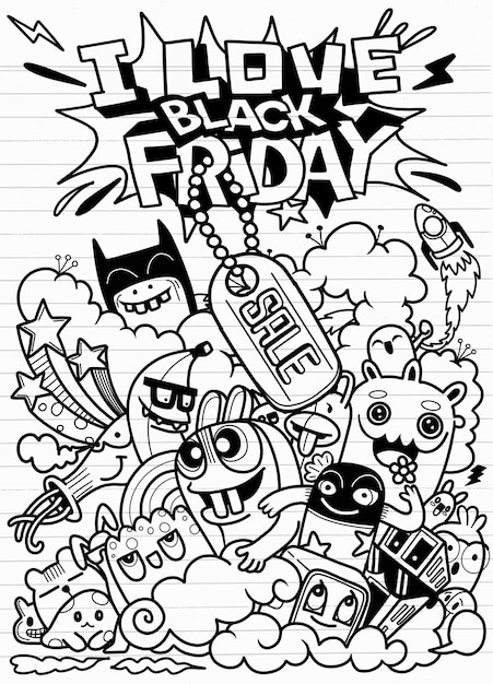 Black friday sale hand gezeichnet, konzeptillustration, kritzeleienelemente.