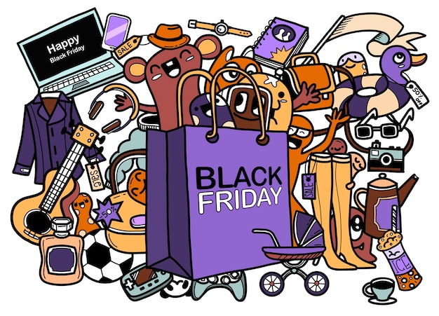 Black Friday Sale Hand Schriftzug und Kritzeleien Elemente Hintergrund. handgezeichnete Illustration