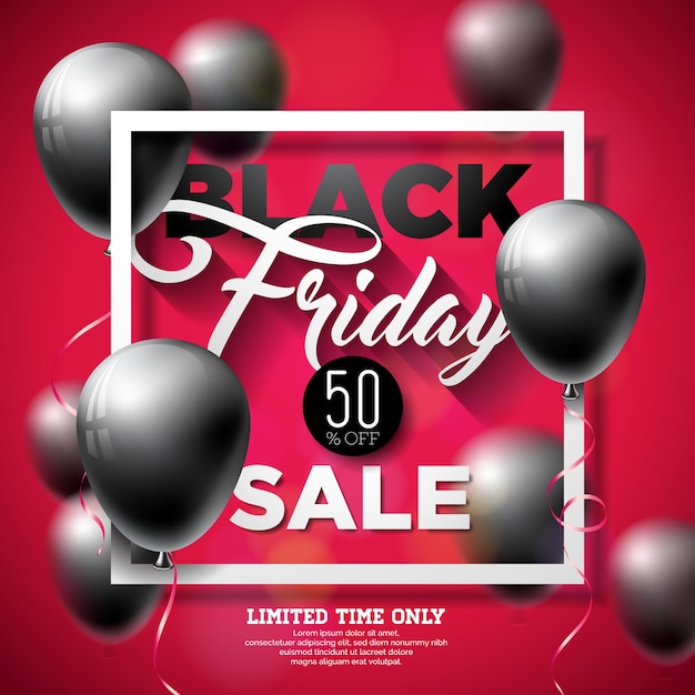 Black friday sale illustration mit glänzenden ballons auf rotem hintergrund