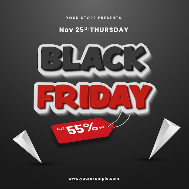 Black friday sale poster design mit 55% rabatt-tag und 3d-dreieck-elementen auf dunkelgrauem hintergrund.