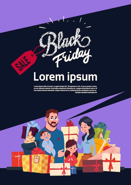 Black friday sale poster mit glücklicher familie über geschenkboxen stack, holiday shopping rabatte banner