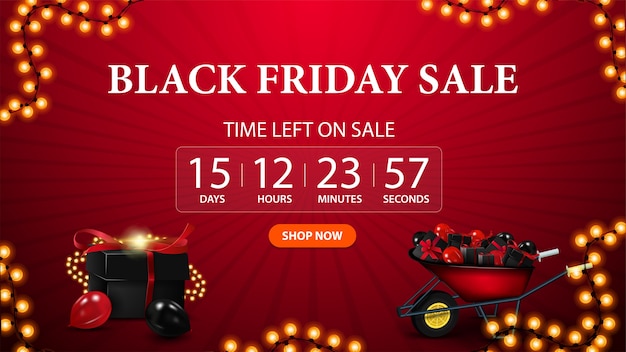 Black Friday Sale, rotes Rabattbanner für die Website mit Countdown-Timer bis zum Ende der Aktion, Knopf, Girlande, Geschenkbox und Schubkarre mit Geschenken