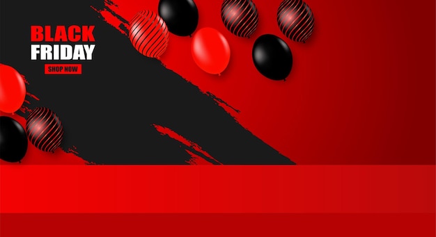 Black Friday Sale Thema Produktdisplay Podium Design mit schwarz-roten Luftballons auf rotem Hintergrund