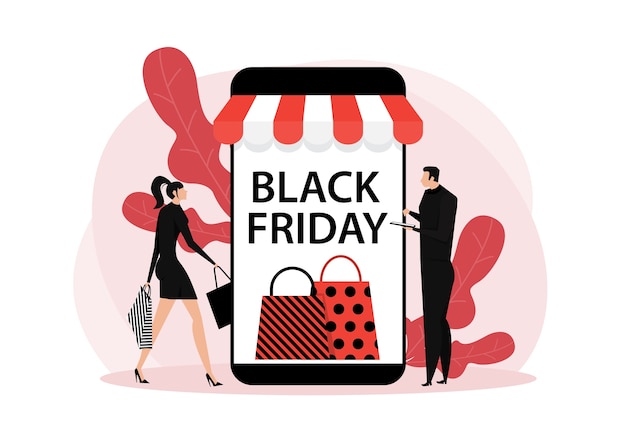 Black friday shop, online-service für frauen und männer, promo-kauf-marketing-illustration