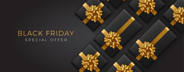 Black Friday Super Sale. Realistische schwarze Geschenkboxen. Goldener Text.