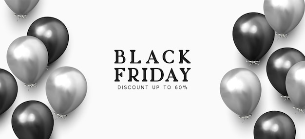 Black friday-verkauf. hintergrund mit schwarzen und silbernen luftballons. feiertagsbanner, webposter, flyer, deckkarte, festliche hintergrundballons. vektorillustration