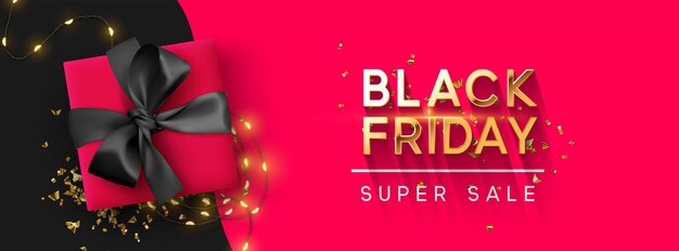 Vektor black friday-verkauf. realistische geschenkbox mit festlichen girlandenlichtern, glänzendem goldenem konfetti. poster, banner für werbung und branding. umschlag und broschüre. kopfzeile für website. vektor-illustration