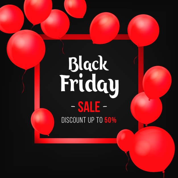 Black friday-verkaufs-plakat mit glänzenden ballonen auf schwarzem hintergrund mit quadratischem rahmen. vektor-illustration.