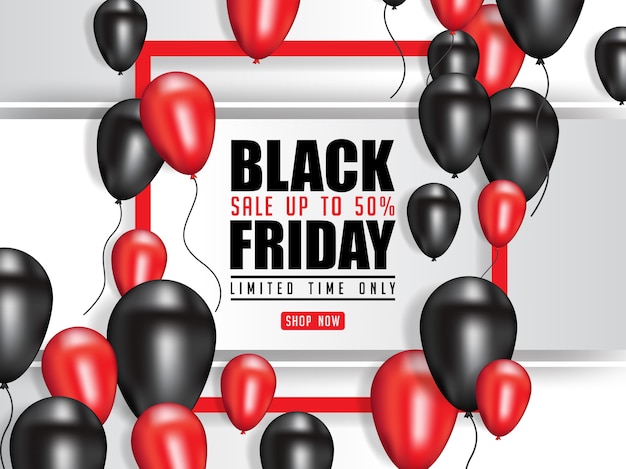 Black friday-verkaufs-plakatillustration mit glänzenden ballonen