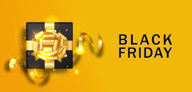 Black friday-verkaufsbanner mit geschenkbox, verziert mit goldschleife auf gelbem hintergrund draufsicht