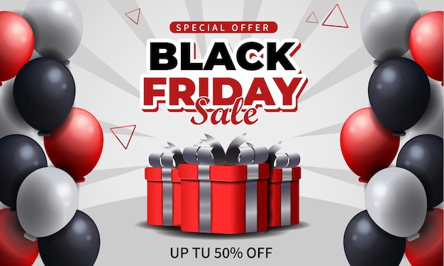 Black friday-verkaufsbanner-vorlage mit geschenken und drei farbballons