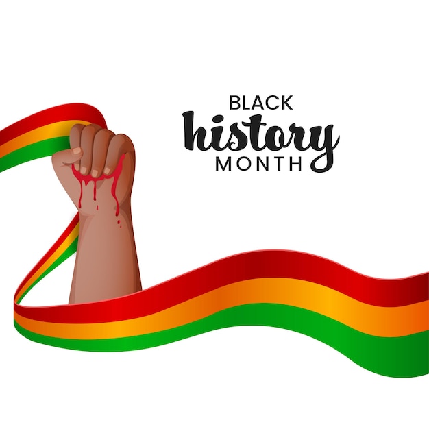 Black history month awareness poster design mit hand, die blut und welliges band auf weißem hintergrund hält.