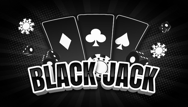 Black-Jack-Hintergrund mit Karten und Würfelillustration in schwarzer Farbe