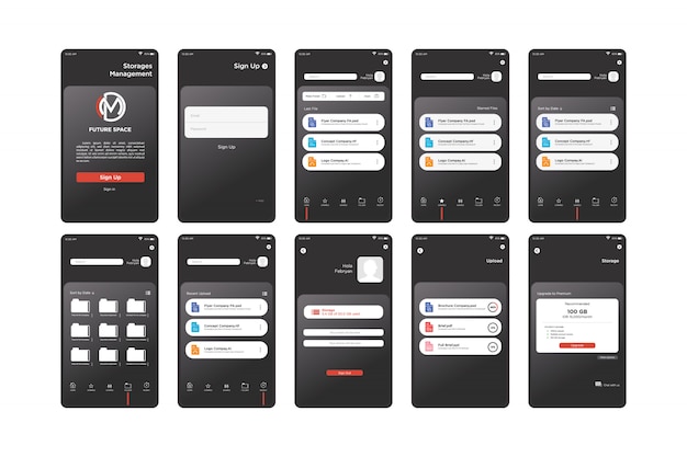 Black storage management app ui kit-vorlage