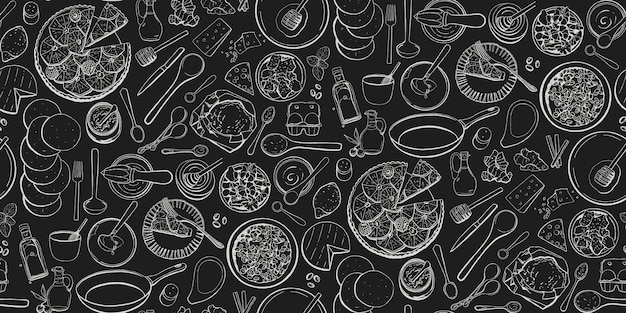Blackboard Chalkboard Backen Nahtloses Vektormuster mit Kochzutaten