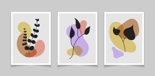 Blätter botanisches Wandkunst-Vektorset Laub-Linienzeichnung mit abstrakten Formen Abstraktes Poster