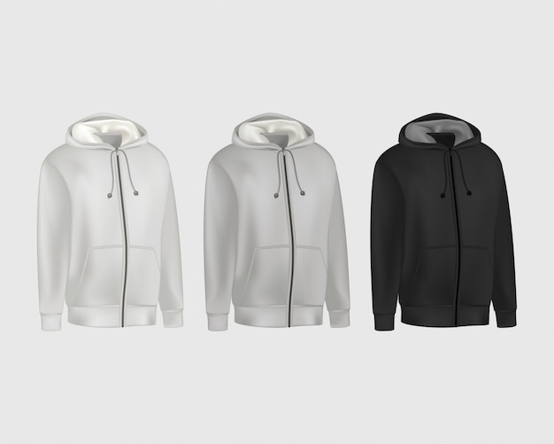 Blank grau, schwarz Herren Hoodie Sweatshirt Langarm. Männlicher Kapuzenpulli mit Vorderansicht der Haube.