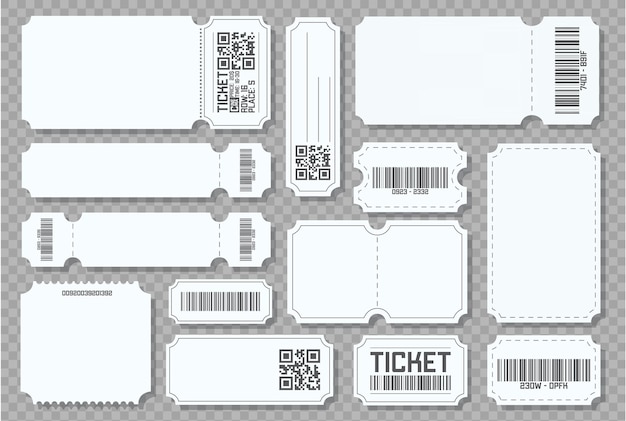 Blanko-mockup-ticket blanko-ticket für den konzertsaal mit barcode und qr-code-set aus verschiedenen rohlingen