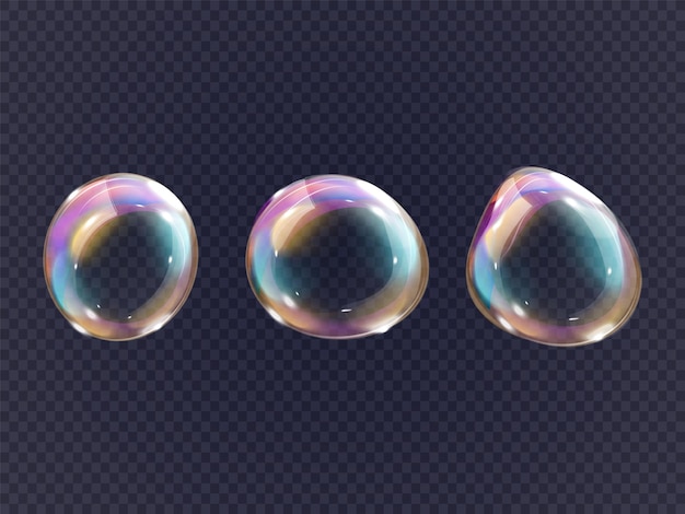 Blasen realistischer Blasen 3D-Sauerstoff-Reinigungsmittel Seife Wasserblase glänzende fließende Tropfen Schaumkugeln oder klare traumhafte lustige glanzige Kugel aus Bad sprudelndes Shampoo genaue Vektor-Illustration von Shampoo-Schaum