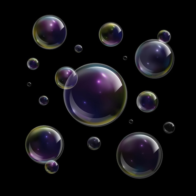 Blasen Seife Schaum abstrakte Blase Shampoo Hintergrund klare Seife Regenbogenkugeln waschen sprudelnde glänzende Kulisse sprudelnde Textur isoliert auf schwarz transparente 3D-Objekte Realistischer Vektorsatz