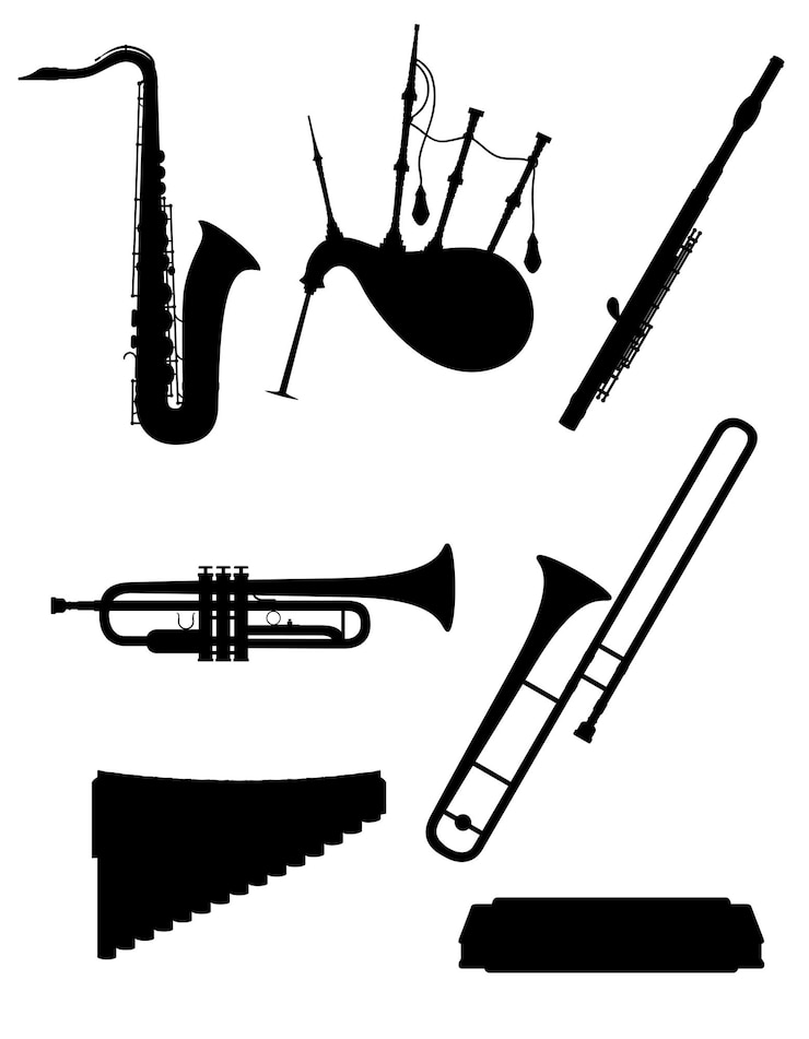 Vektor blasmusikinstrumente setzen symbole, schwarze umrisse, silhouettenvorrat, vektorillustration