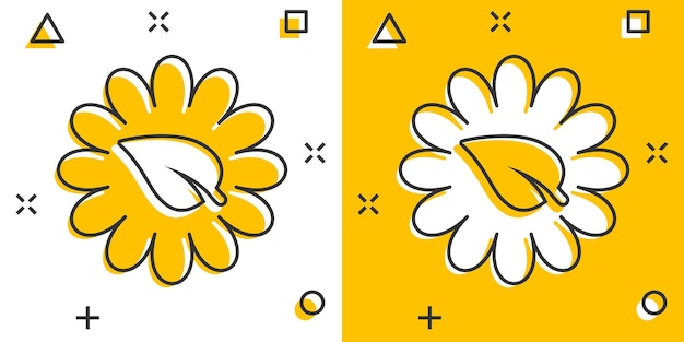 Blatt- und kamille-symbol im comic-stil blume mit pflanzen-cartoon-vektor-illustration auf weißem, isoliertem hintergrund öko-power-splash-effekt-zeichen geschäftskonzept