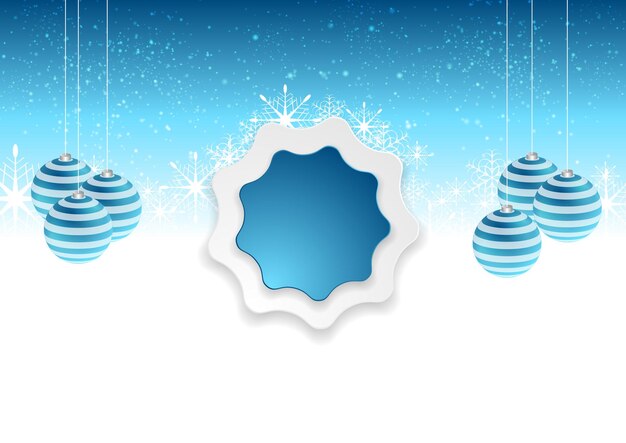 Blau-weißer abstrakter Weihnachtshintergrund mit Schneeflocken, Tannenbaumkugeln und Etikettenaufkleber. Helles Vektor-Winterdesign