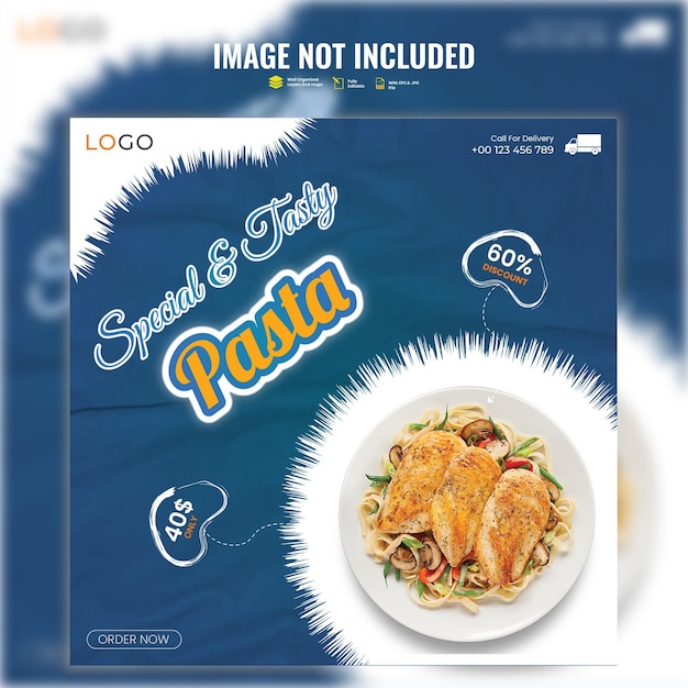 Vektor blau-weißes cover für einen social-media-beitrag über pasta-lebensmittel, vektor-spezialmenü mit nudeln und nudeln