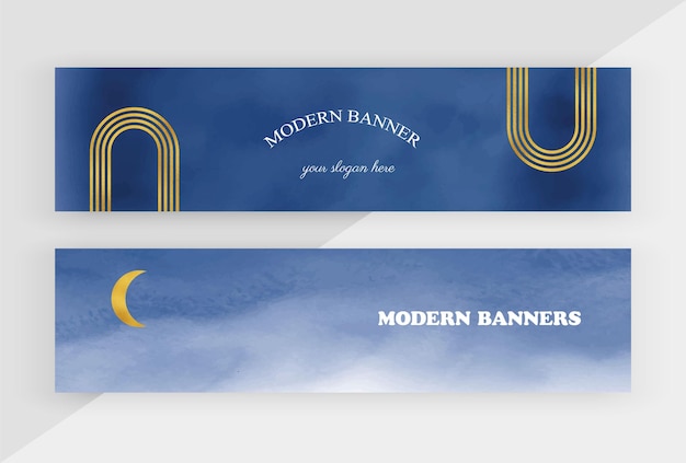 Blaue aquarell social media horizontale banner mit goldenem folienregenbogen und mond