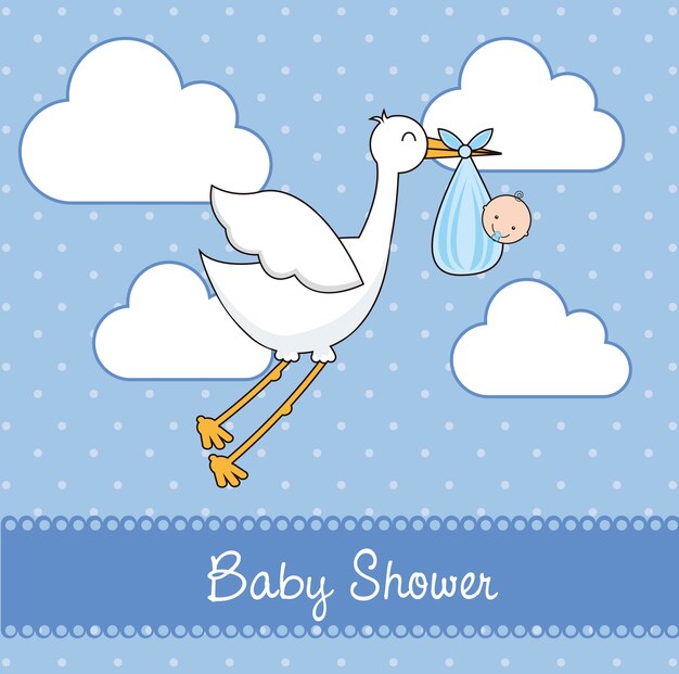 Blaue babypartykarte mit storch- und babyvektorillustration