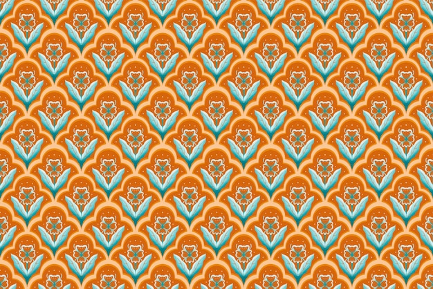 Vektor blaue blume auf orangebraunem geometrischem ethnischem orientalischem muster traditionelles design für hintergrundteppichtapetenkleidungverpackungbatikstoff vektor-illustration stickerei-stil