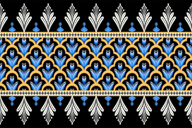 Blaue blume auf schwarz-weiß-gelb geometrisches ethnisches orientalisches muster traditionelles design für hintergrundteppichtapetenkleidungverpackungbatikstoff-vektor-illustration-stickerei-stil