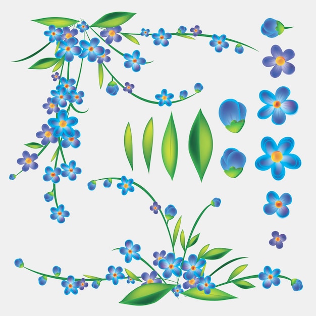 Vektor blaue blumen vektorset blaue vergessen mich nicht frühlingsblumen im blumenstrauß für die hochzeit dekoratives element für die grußkarte