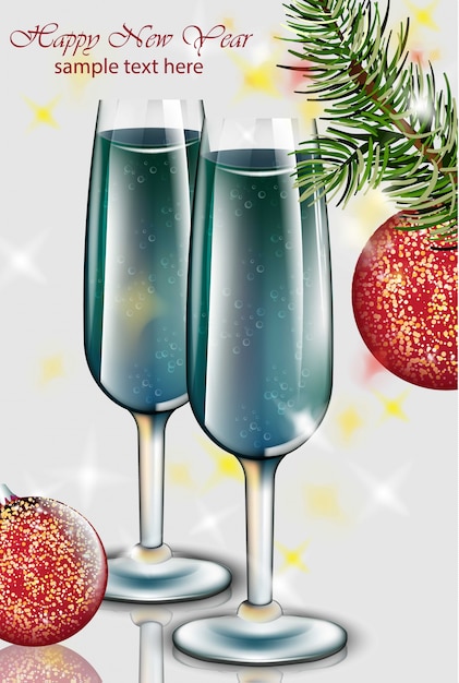 Blaue champagnergläser neujahrskarte. schöne ferien