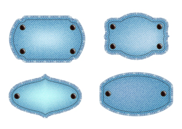 Vektor blaue denim-patches mit naht, nieten und fransen. hellblauer denim. vintage-patches-set