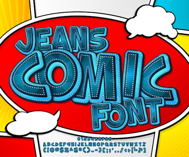 Vektor blaue denim-schriftart auf der comic-buchseite. alphabet in der art pop art. mehrschichtige buchstaben und figuren der cartoonjeans