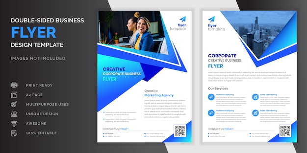 Blaue farbe abstrakte kreative moderne professionelle doppelseitige business flyer