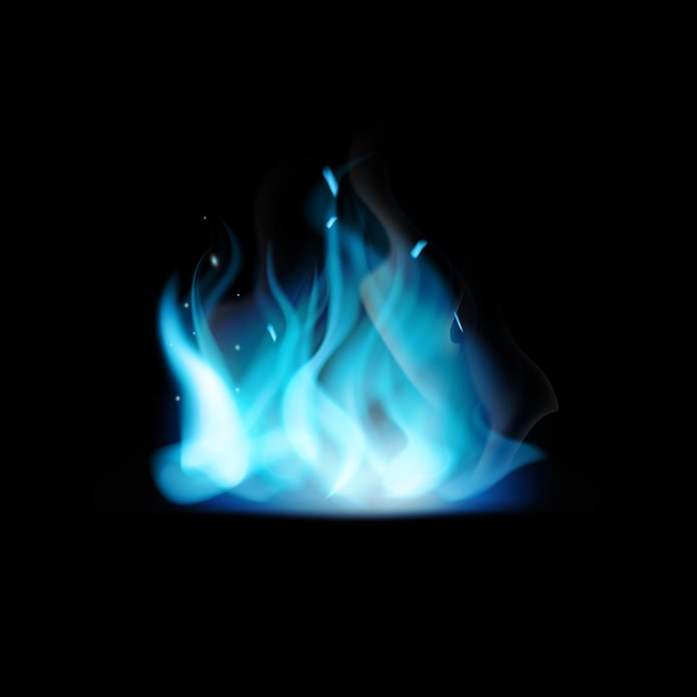 Blaue Flamme Brennendes feuriges Erdgas 3D-magisches Feuer Lagerfeuer mit glühenden Funken und Asche transparenter Fackeleffekt dekoratives isoliertes Element Vektorrealistische Illustration